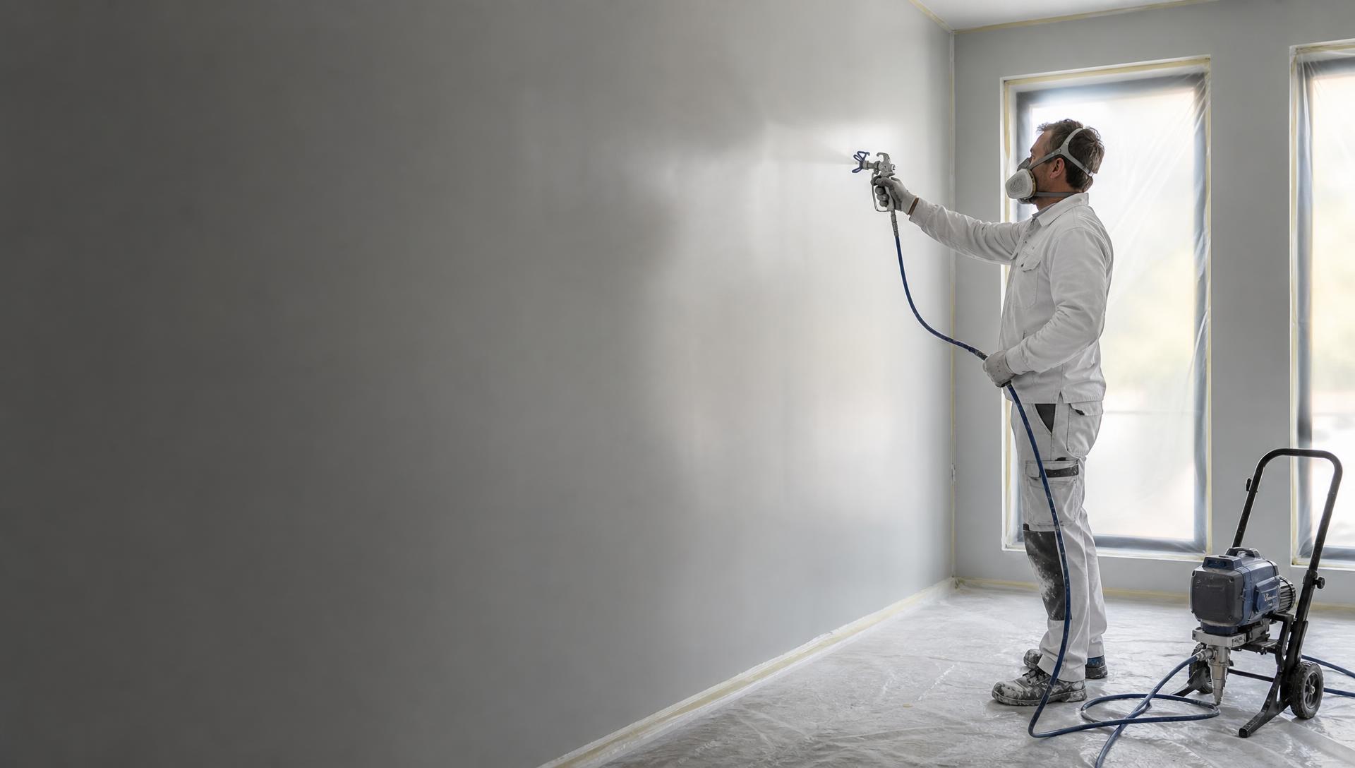 Vakman voert airless spuitwerk uit op een wand in een afgeplakte lichte binnenruimte
