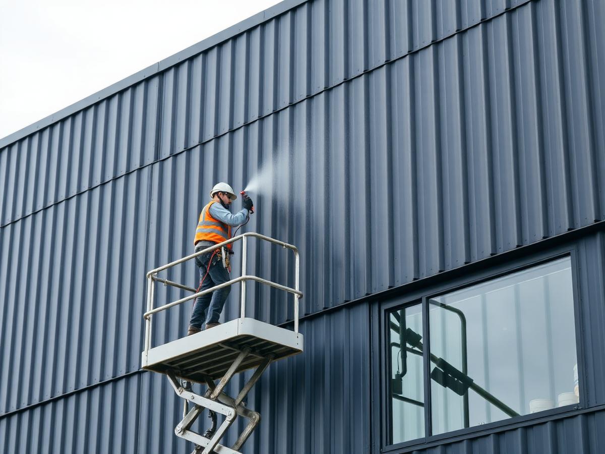 Coatingwerk op donkere metalen gevelbeplating vanaf een hoogwerker