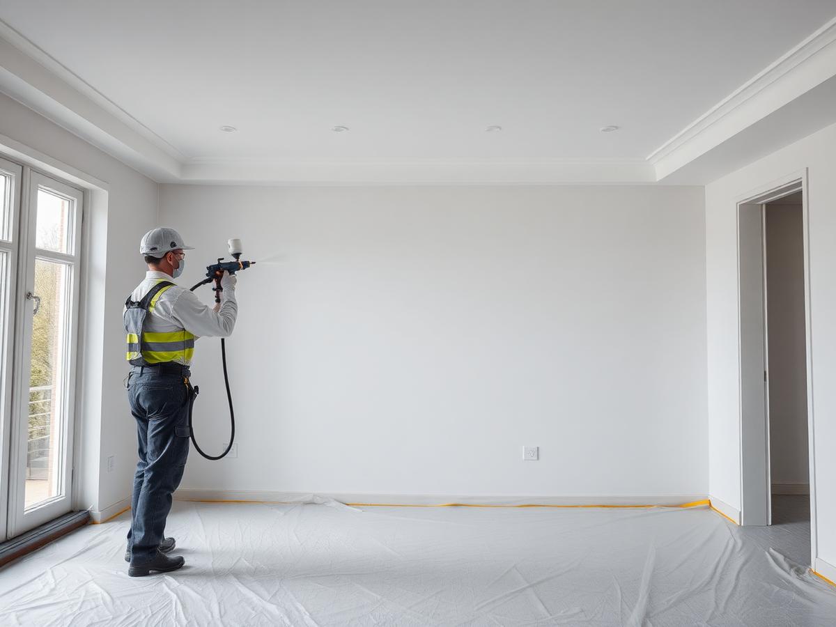 Vakman spuit een wand en plafond in een lege ruimte met afgeplakte vloer